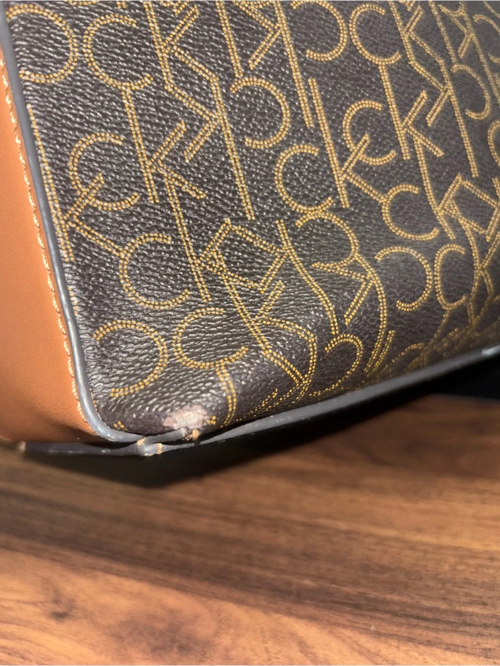 🥥Calvin Klein Brown Monogram Satchel with Tan Trim